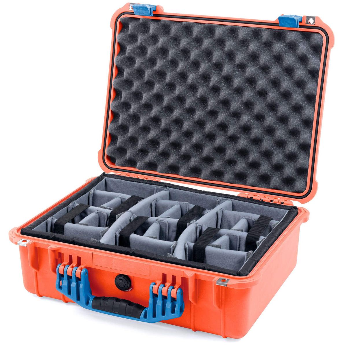 Pelican 1520 Case, Orange with Blue Handle &amp; Latches Gray Padded Microfiber Dividers with Convolute Lid Foam ColorCase 015200-0070-150-120
