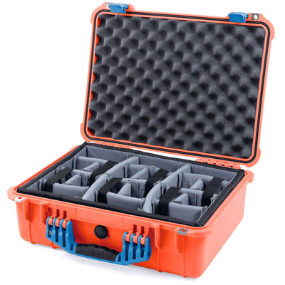 Pelican 1520 Case, Orange with Blue Handle & Latches Gray Padded Microfiber Dividers with Convolute Lid Foam ColorCase 015200-0070-150-120