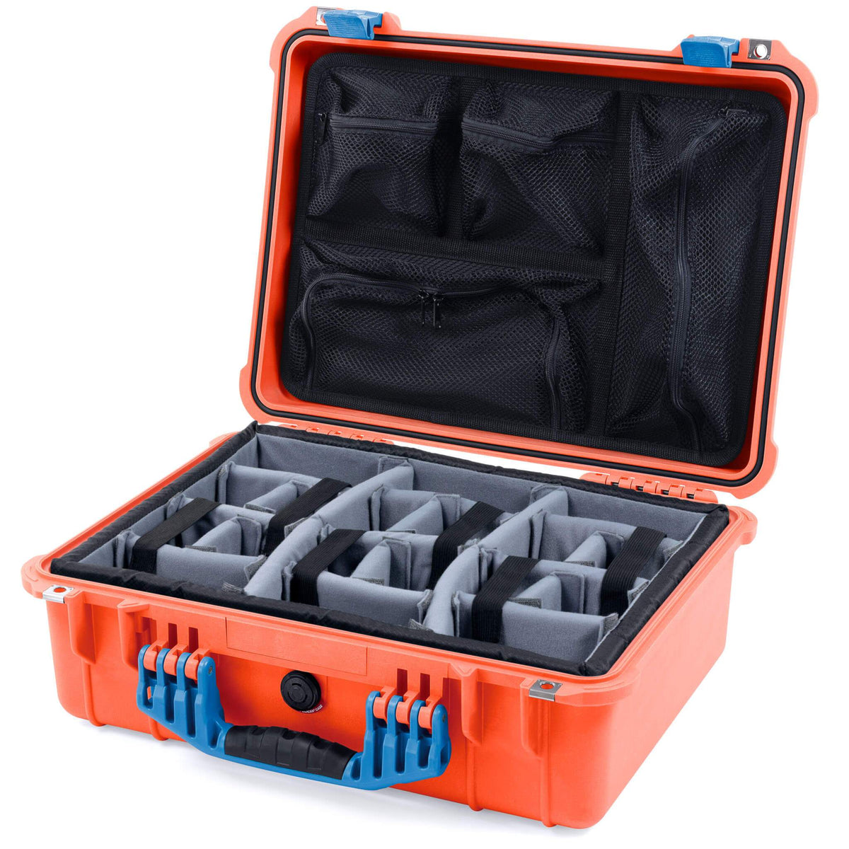 Pelican 1520 Case, Orange with Blue Handle &amp; Latches Gray Padded Microfiber Dividers with Mesh Lid Organizer ColorCase 015200-0170-150-120