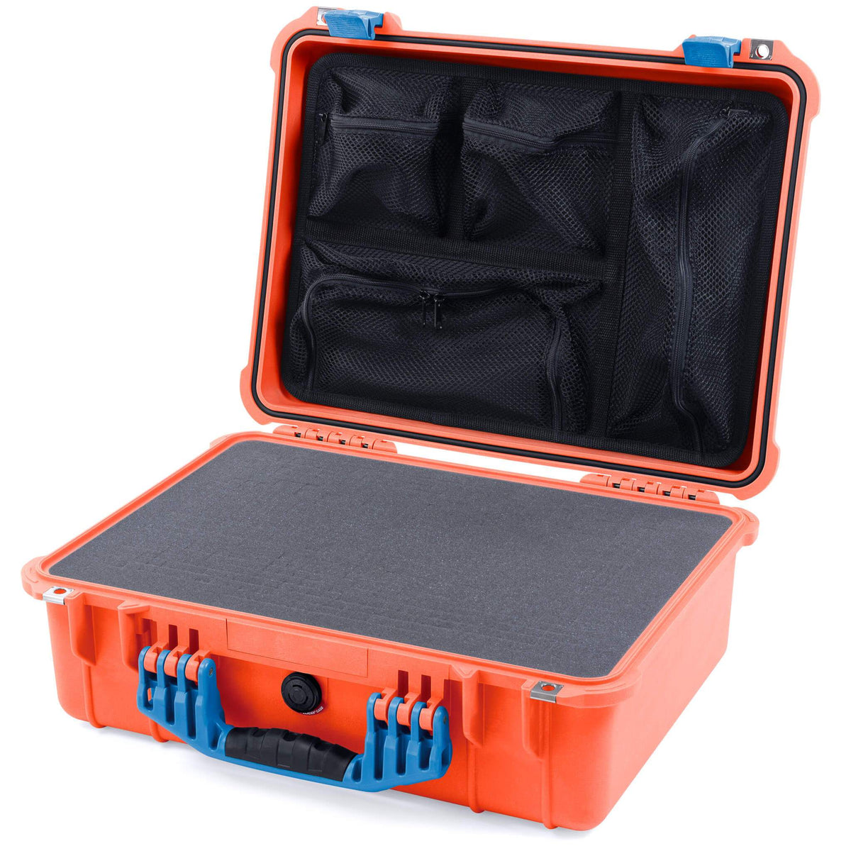 Pelican 1520 Case, Orange with Blue Handle &amp; Latches Pick &amp; Pluck Foam with Mesh Lid Organizer ColorCase 015200-0101-150-120