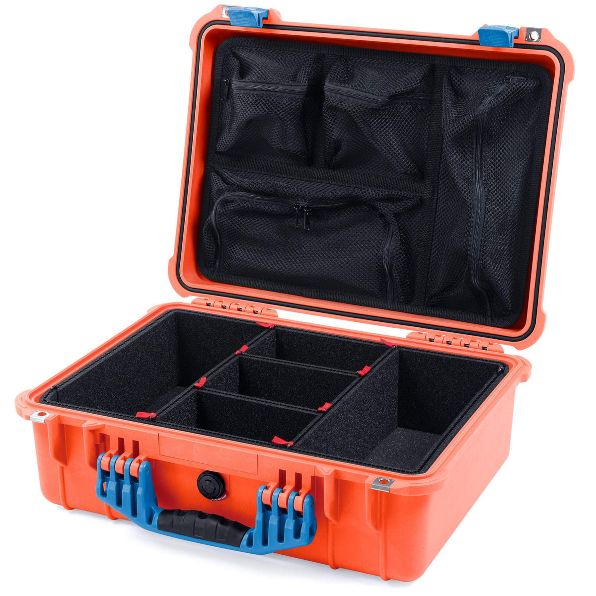 Pelican 1520 Case, Orange with Blue Handle &amp; Latches TrekPak Divider System with Mesh Lid Organizer ColorCase 015200-0120-150-120