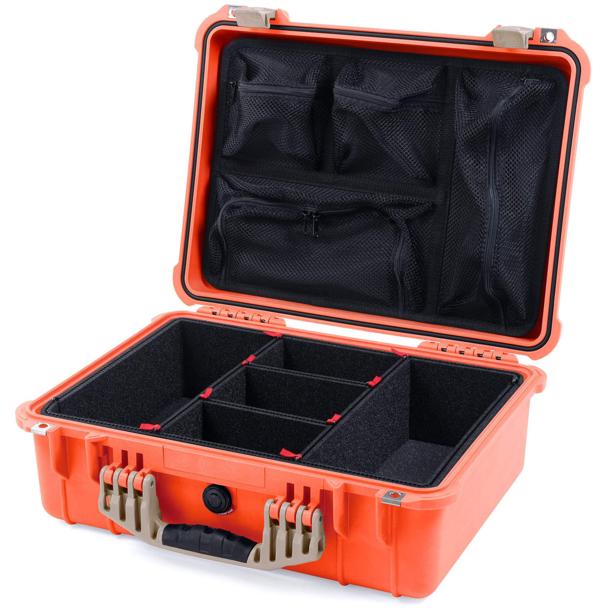 Pelican 1520 Case, Orange with Desert Tan Handle &amp; Latches TrekPak Divider System with Mesh Lid Organizer ColorCase 015200-0120-150-310