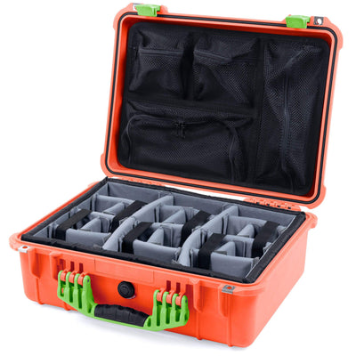 Pelican 1520 Case, Orange with Lime Green Handle & Latches Gray Padded Microfiber Dividers with Mesh Lid Organizer ColorCase 015200-0170-150-300
