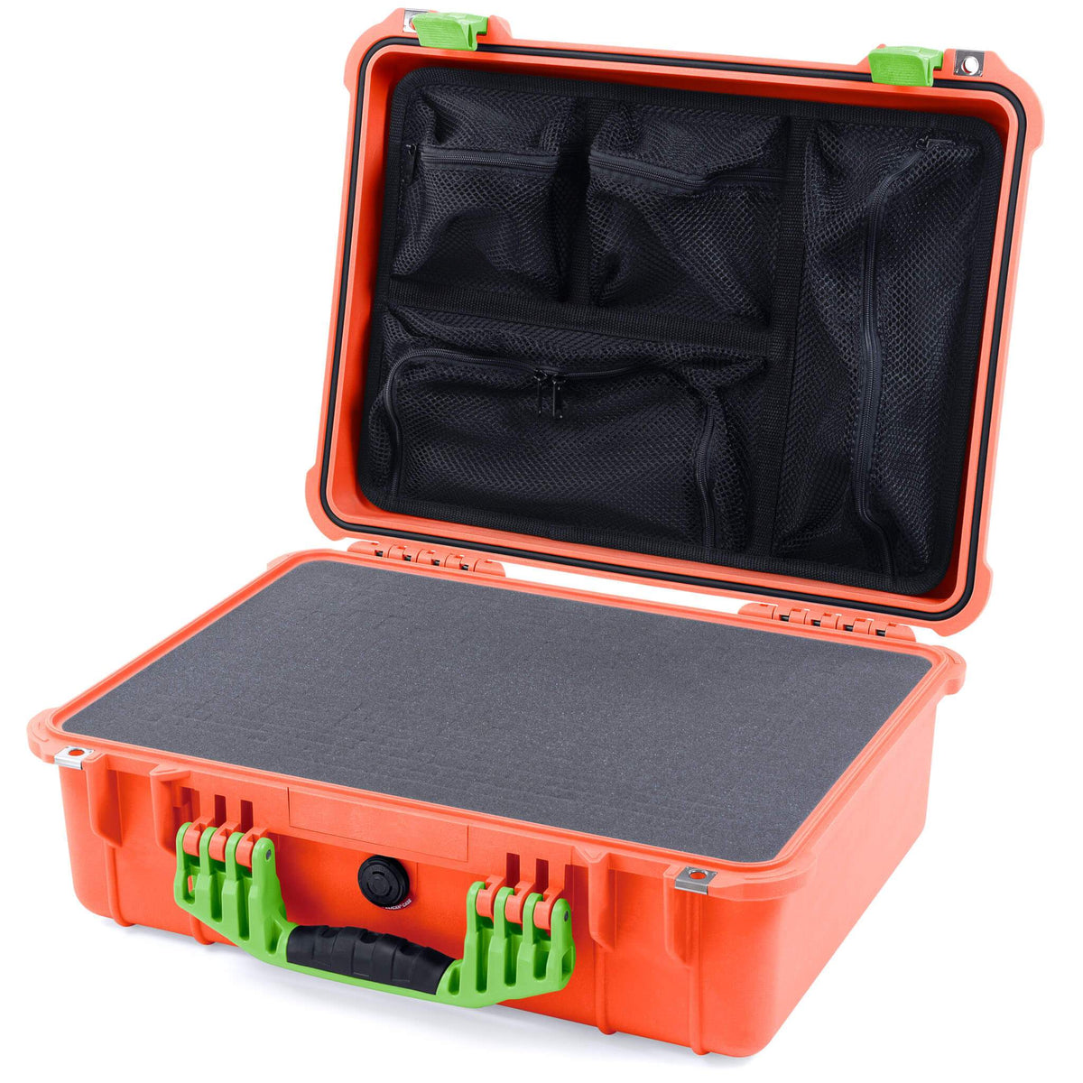 Pelican 1520 Case, Orange with Lime Green Handle &amp; Latches Pick &amp; Pluck Foam with Mesh Lid Organizer ColorCase 015200-0101-150-300