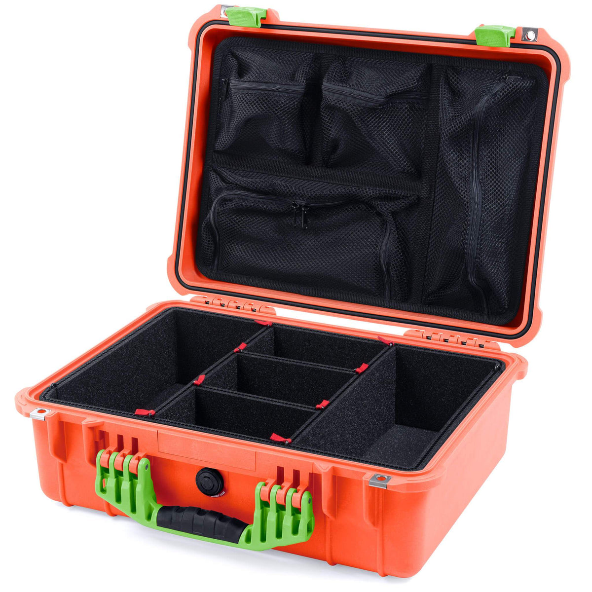 Pelican 1520 Case, Orange with Lime Green Handle &amp; Latches TrekPak Divider System with Mesh Lid Organizer ColorCase 015200-0120-150-300