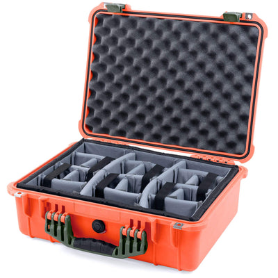 Pelican 1520 Case, Orange with OD Green Handle & Latches Gray Padded Microfiber Dividers with Convolute Lid Foam ColorCase 015200-0070-150-130