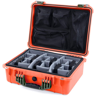 Pelican 1520 Case, Orange with OD Green Handle & Latches Gray Padded Microfiber Dividers with Mesh Lid Organizer ColorCase 015200-0170-150-130
