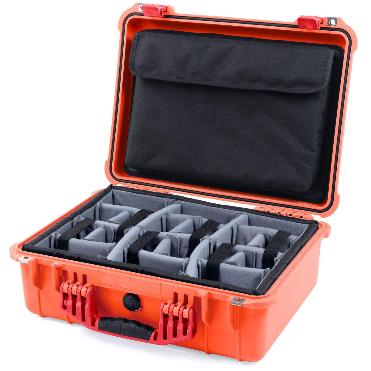 Pelican 1520 Case, Orange with Red Handle &amp; Latches Gray Padded Microfiber Dividers with Computer Pouch ColorCase 015200-0270-150-320