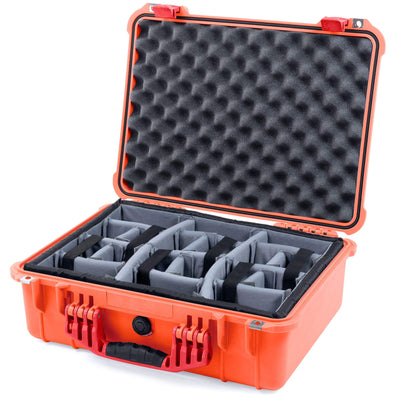 Pelican 1520 Case, Orange with Red Handle & Latches Gray Padded Microfiber Dividers with Convolute Lid Foam ColorCase 015200-0070-150-320