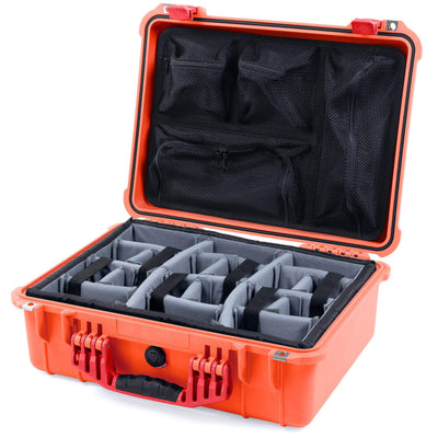 Pelican 1520 Case, Orange with Red Handle & Latches Gray Padded Microfiber Dividers with Mesh Lid Organizer ColorCase 015200-0170-150-320