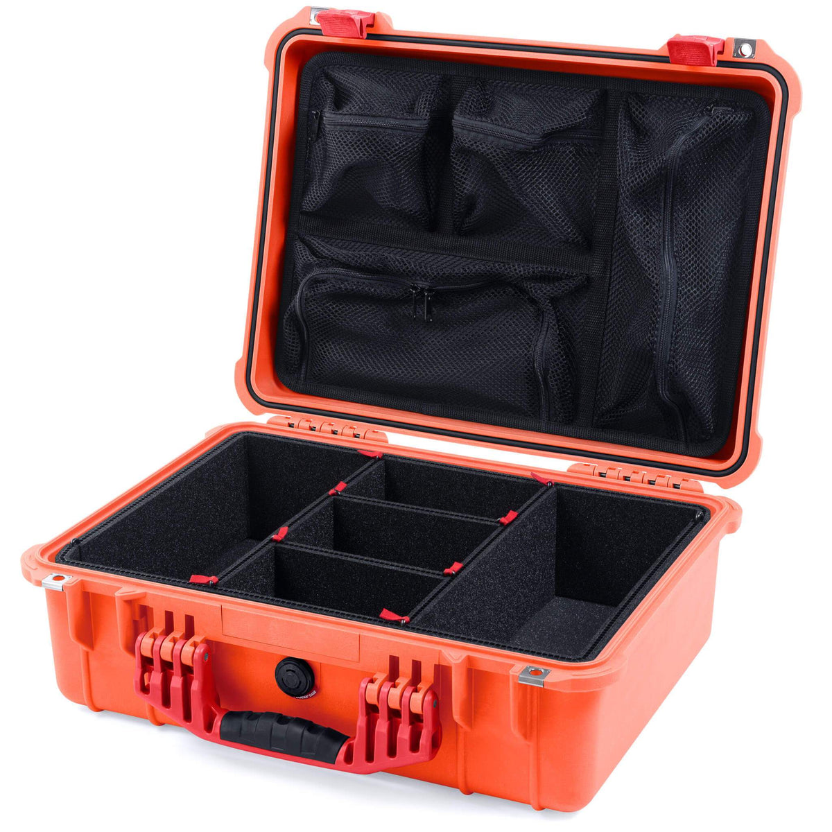 Pelican 1520 Case, Orange with Red Handle &amp; Latches TrekPak Divider System with Mesh Lid Organizer ColorCase 015200-0120-150-320