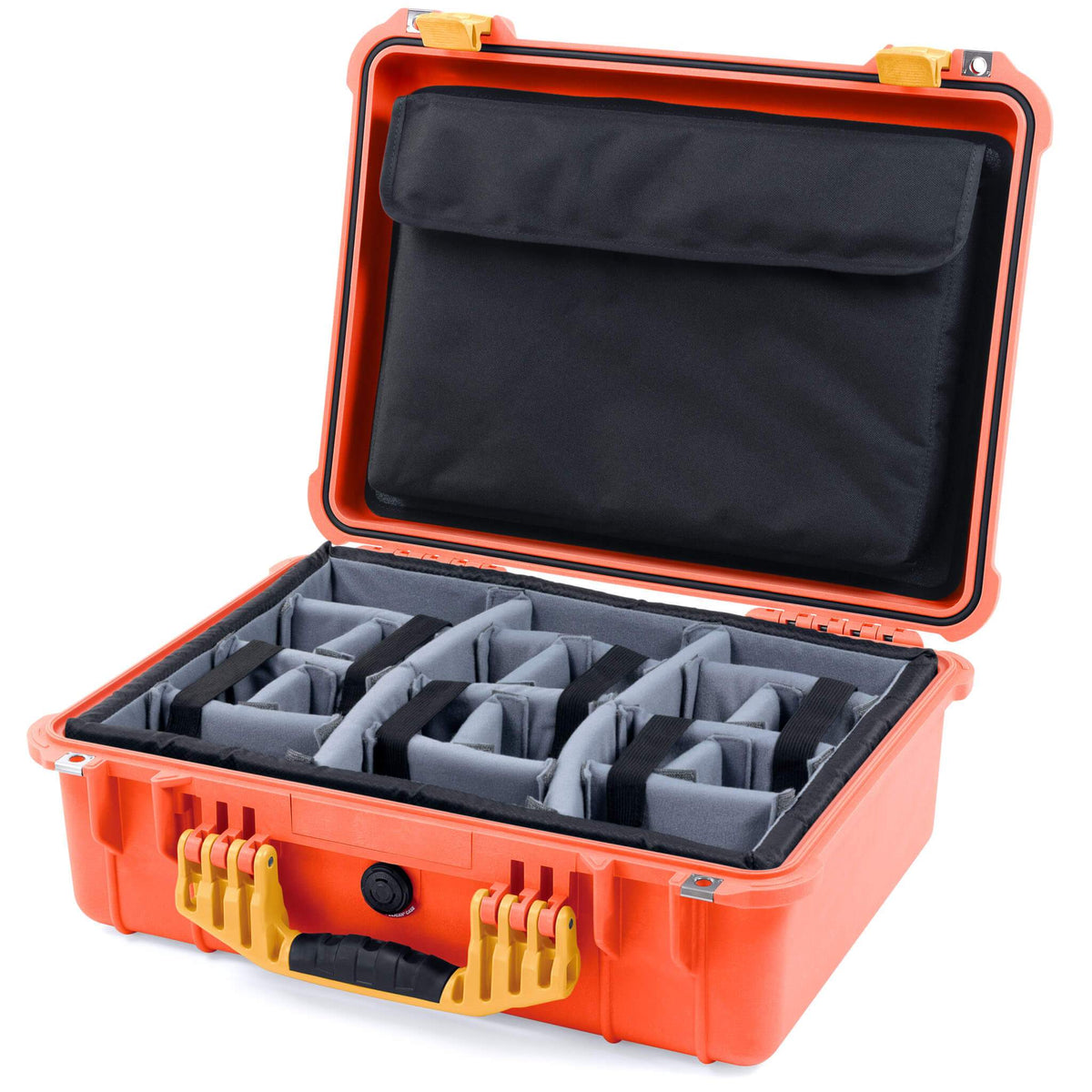 Pelican 1520 Case, Orange with Yellow Handle &amp; Latches Gray Padded Microfiber Dividers with Computer Pouch ColorCase 015200-0270-150-240