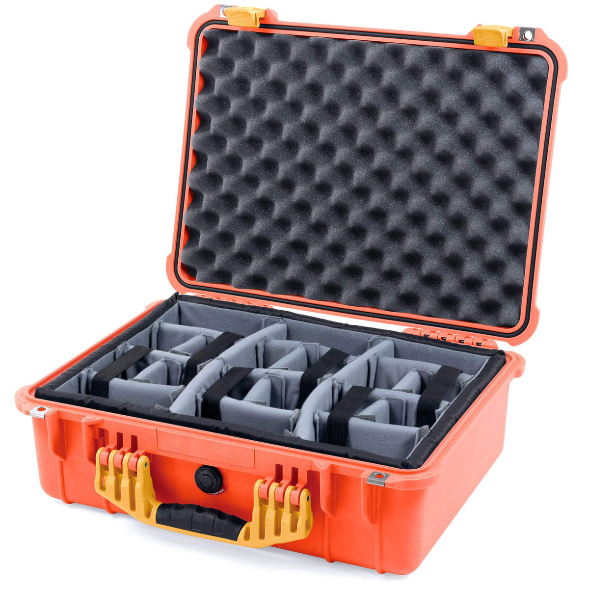 Pelican 1520 Case, Orange with Yellow Handle &amp; Latches Gray Padded Microfiber Dividers with Convolute Lid Foam ColorCase 015200-0070-150-240