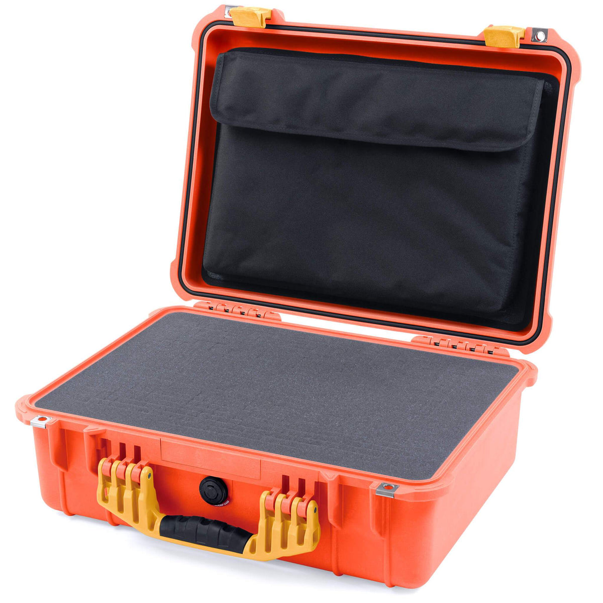 Pelican 1520 Case, Orange with Yellow Handle &amp; Latches Pick &amp; Pluck Foam with Computer Pouch ColorCase 015200-0201-150-240