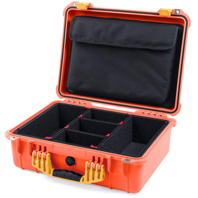 Pelican 1520 Case, Orange with Yellow Handle & Latches TrekPak Divider System with Computer Pouch ColorCase 015200-0220-150-240