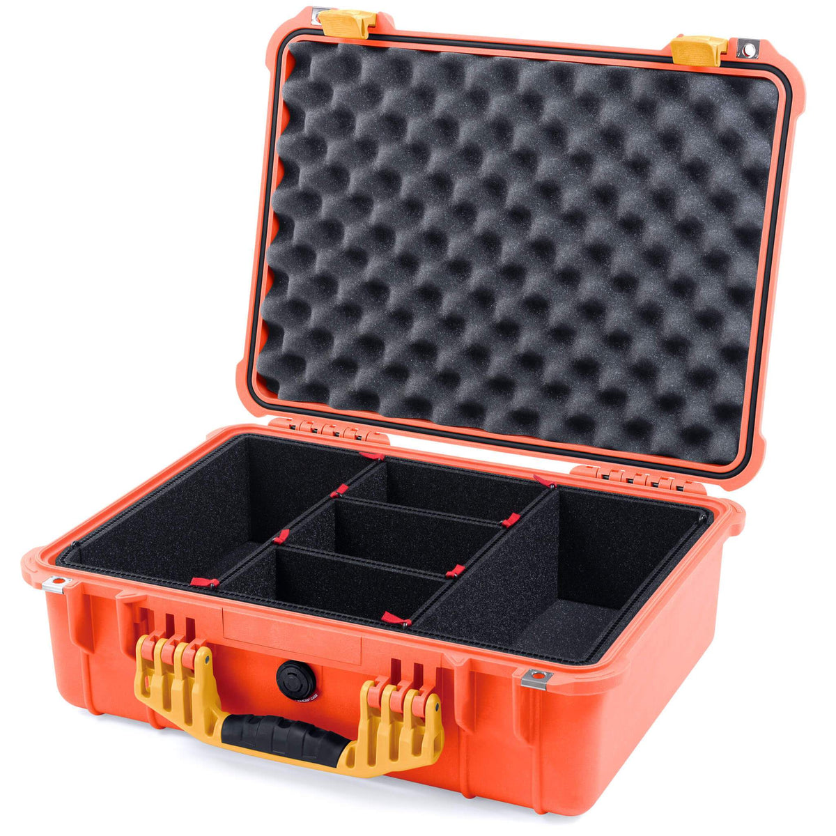 Pelican 1520 Case, Orange with Yellow Handle &amp; Latches TrekPak Divider System with Convolute Lid Foam ColorCase 015200-0020-150-240