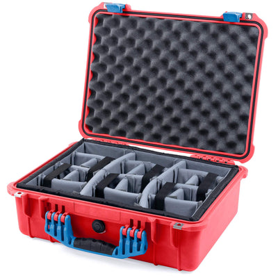 Pelican 1520 Case, Red with Blue Handle & Latches Gray Padded Microfiber Dividers with Convolute Lid Foam ColorCase 015200-0070-320-120
