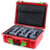 Pelican 1520 Case, Red with Lime Green Handle & Latches Gray Padded Microfiber Dividers with Computer Pouch ColorCase 015200-0270-320-300