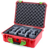 Pelican 1520 Case, Red with Lime Green Handle & Latches Gray Padded Microfiber Dividers with Convolute Lid Foam ColorCase 015200-0070-320-300