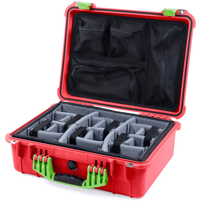 Pelican 1520 Case, Red with Lime Green Handle & Latches Gray Padded Microfiber Dividers with Mesh Lid Organizer ColorCase 015200-0170-320-300