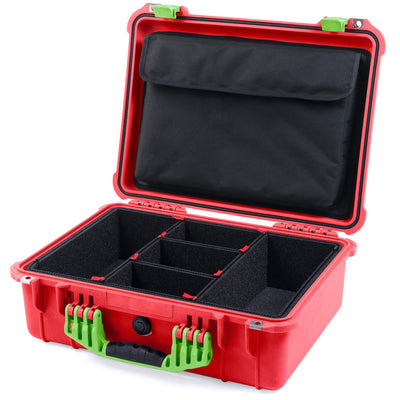 Pelican 1520 Case, Red with Lime Green Handle & Latches TrekPak Divider System with Computer Pouch ColorCase 015200-0220-320-300