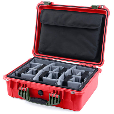 Pelican 1520 Case, Red with OD Green Handle & Latches Gray Padded Microfiber Dividers with Computer Pouch ColorCase 015200-0270-320-130