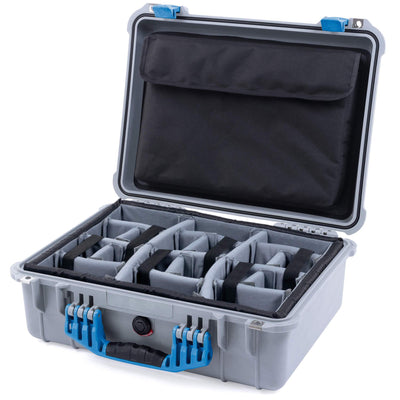 Pelican 1520 Case, Silver with Blue Handle & Latches Gray Padded Microfiber Dividers with Computer Pouch ColorCase 015200-0270-180-120