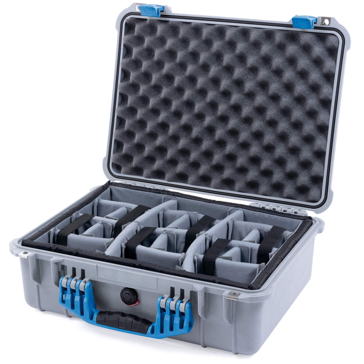 Pelican 1520 Case, Silver with Blue Handle &amp; Latches Gray Padded Microfiber Dividers with Convolute Lid Foam ColorCase 015200-0070-180-120