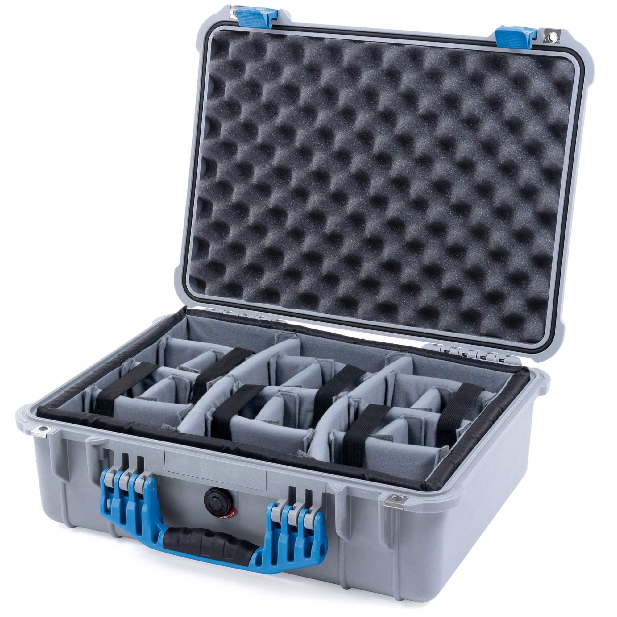 Pelican 1520 Case, Silver with Blue Handle & Latches Gray Padded Microfiber Dividers with Convolute Lid Foam ColorCase 015200-0070-180-120