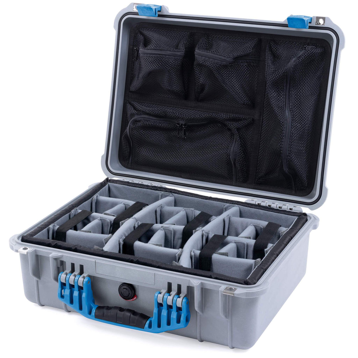 Pelican 1520 Case, Silver with Blue Handle &amp; Latches Gray Padded Microfiber Dividers with Mesh Lid Organizer ColorCase 015200-0170-180-120