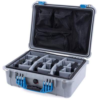 Pelican 1520 Case, Silver with Blue Handle & Latches Gray Padded Microfiber Dividers with Mesh Lid Organizer ColorCase 015200-0170-180-120