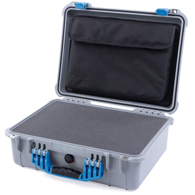 Pelican 1520 Case, Silver with Blue Handle & Latches Pick & Pluck Foam with Computer Pouch ColorCase 015200-0201-180-120
