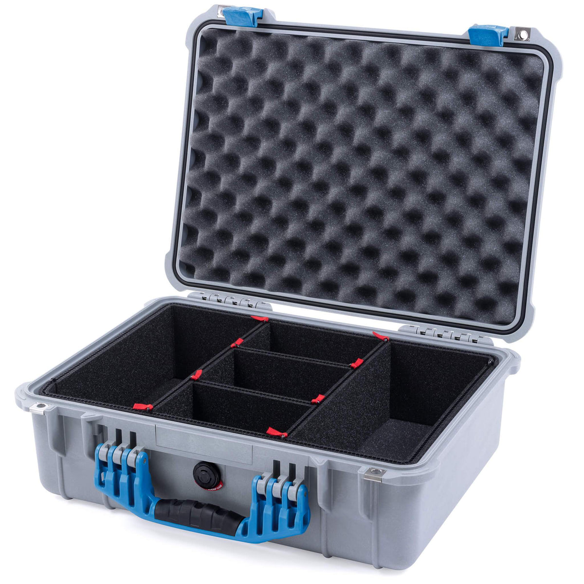 Pelican 1520 Case, Silver with Blue Handle &amp; Latches TrekPak Divider System with Convolute Lid Foam ColorCase 015200-0020-180-120