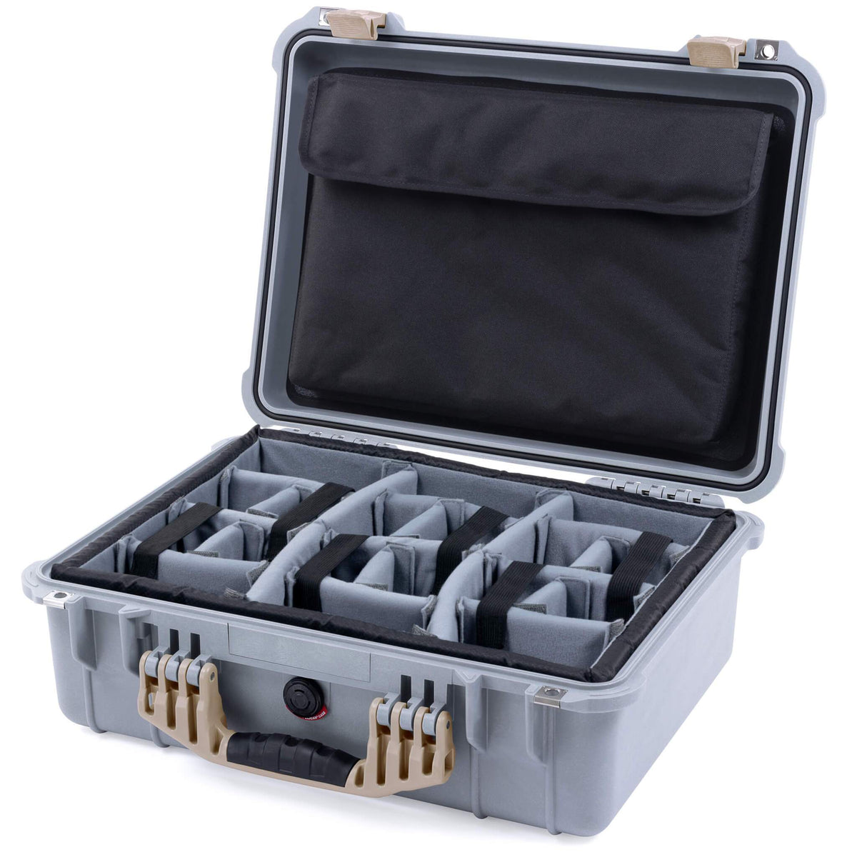 Pelican 1520 Case, Silver with Desert Tan Handle &amp; Latches Gray Padded Microfiber Dividers with Computer Pouch ColorCase 015200-0270-180-310
