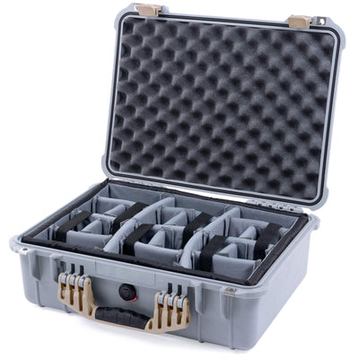 Pelican 1520 Case, Silver with Desert Tan Handle & Latches Gray Padded Microfiber Dividers with Convolute Lid Foam ColorCase 015200-0070-180-310