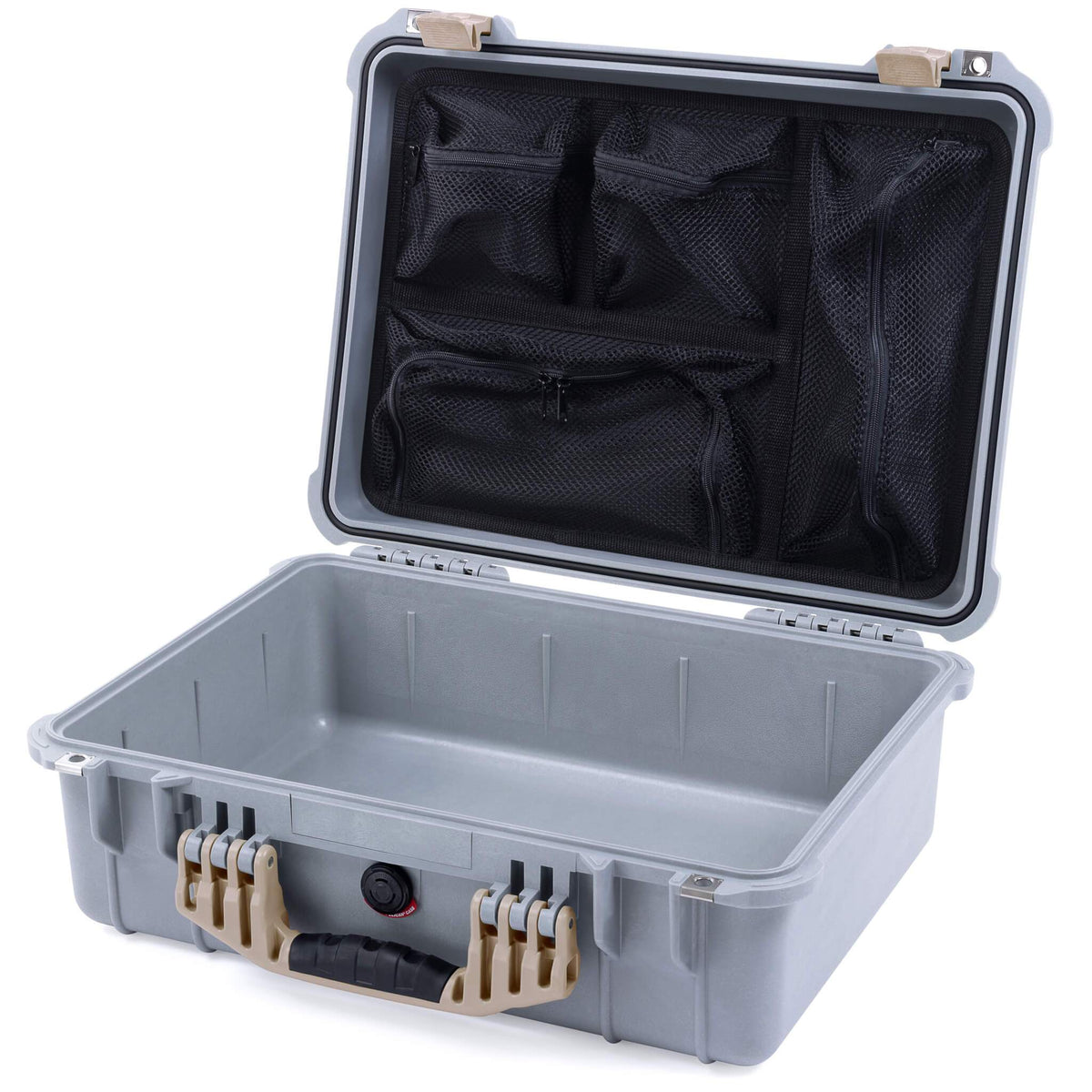 Pelican 1520 Case, Silver with Desert Tan Handle &amp; Latches Mesh Lid Organizer Only ColorCase 015200-0100-180-310