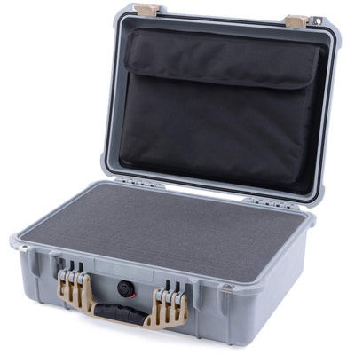 Pelican 1520 Case, Silver with Desert Tan Handle & Latches Pick & Pluck Foam with Computer Pouch ColorCase 015200-0201-180-310