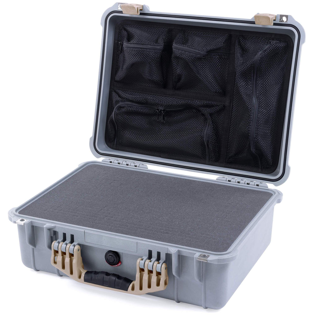 Pelican 1520 Case, Silver with Desert Tan Handle &amp; Latches Pick &amp; Pluck Foam with Mesh Lid Organizer ColorCase 015200-0101-180-310