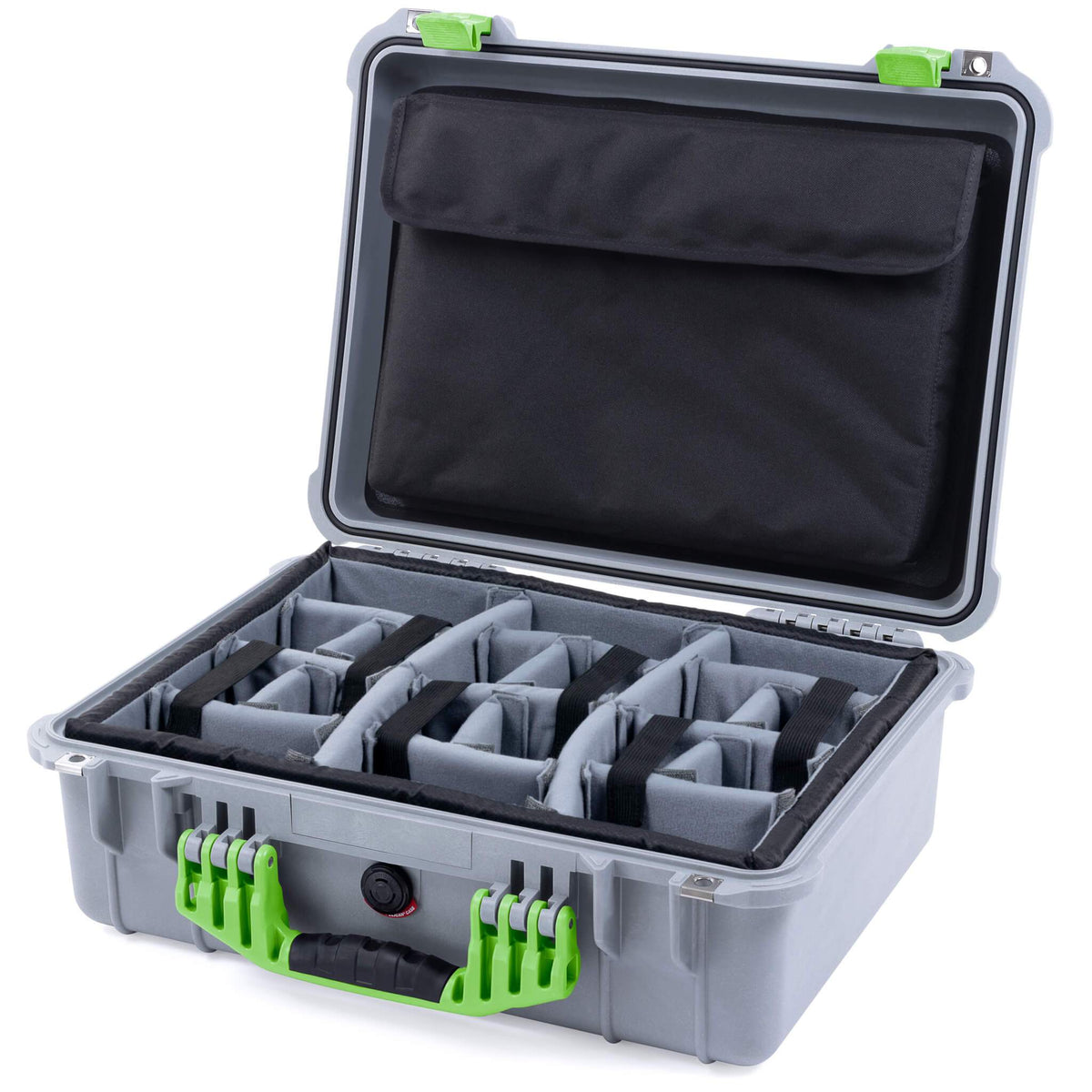 Pelican 1520 Case, Silver with Lime Green Handle &amp; Latches Gray Padded Microfiber Dividers with Computer Pouch ColorCase 015200-0270-180-300