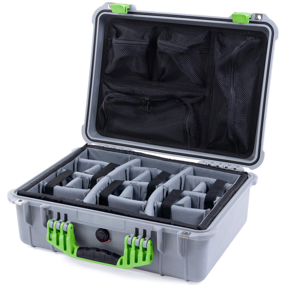 Pelican 1520 Case, Silver with Lime Green Handle &amp; Latches Gray Padded Microfiber Dividers with Mesh Lid Organizer ColorCase 015200-0170-180-300