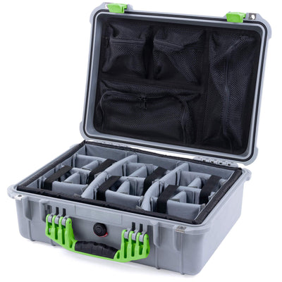 Pelican 1520 Case, Silver with Lime Green Handle & Latches Gray Padded Microfiber Dividers with Mesh Lid Organizer ColorCase 015200-0170-180-300