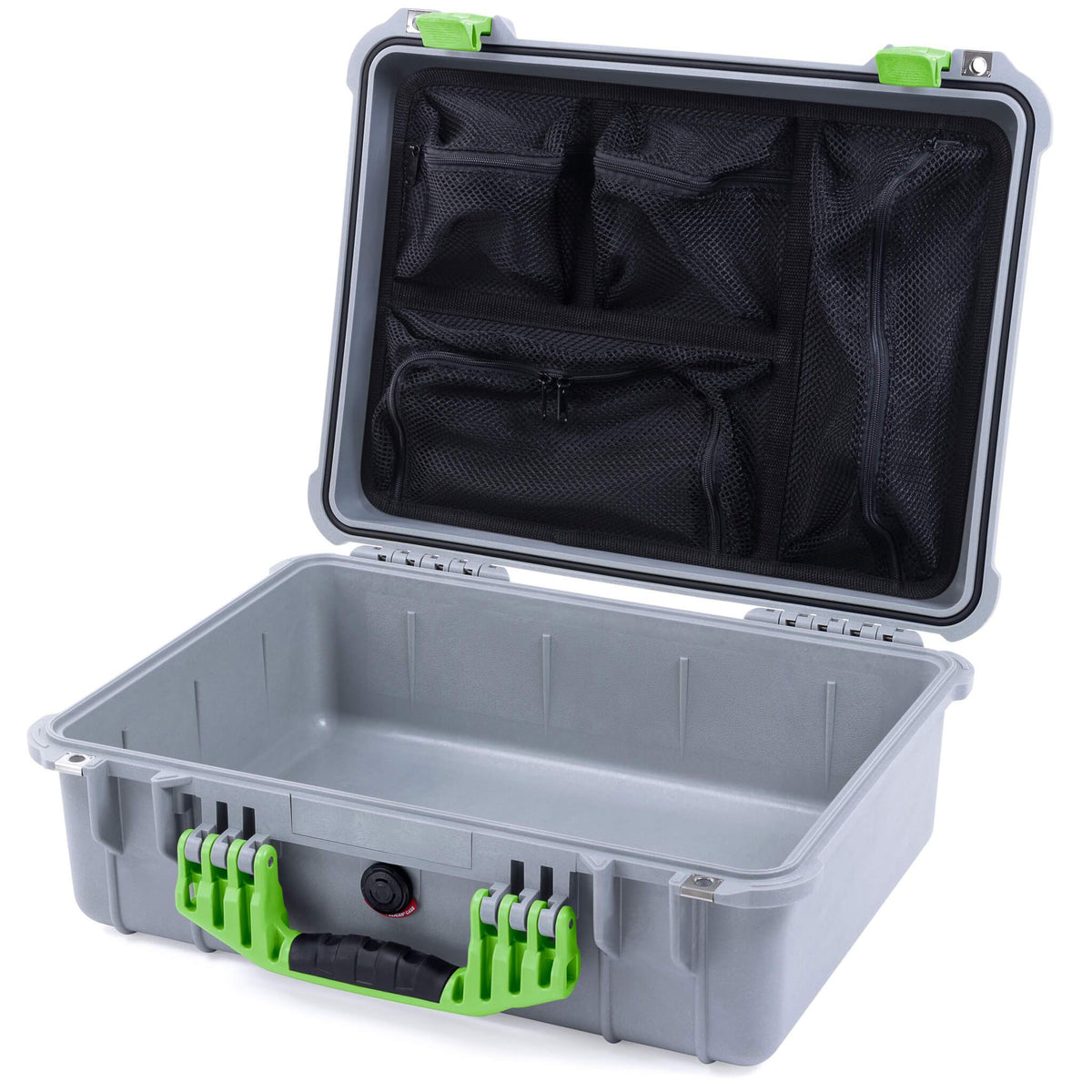 Pelican 1520 Case, Silver with Lime Green Handle &amp; Latches Mesh Lid Organizer Only ColorCase 015200-0100-180-300