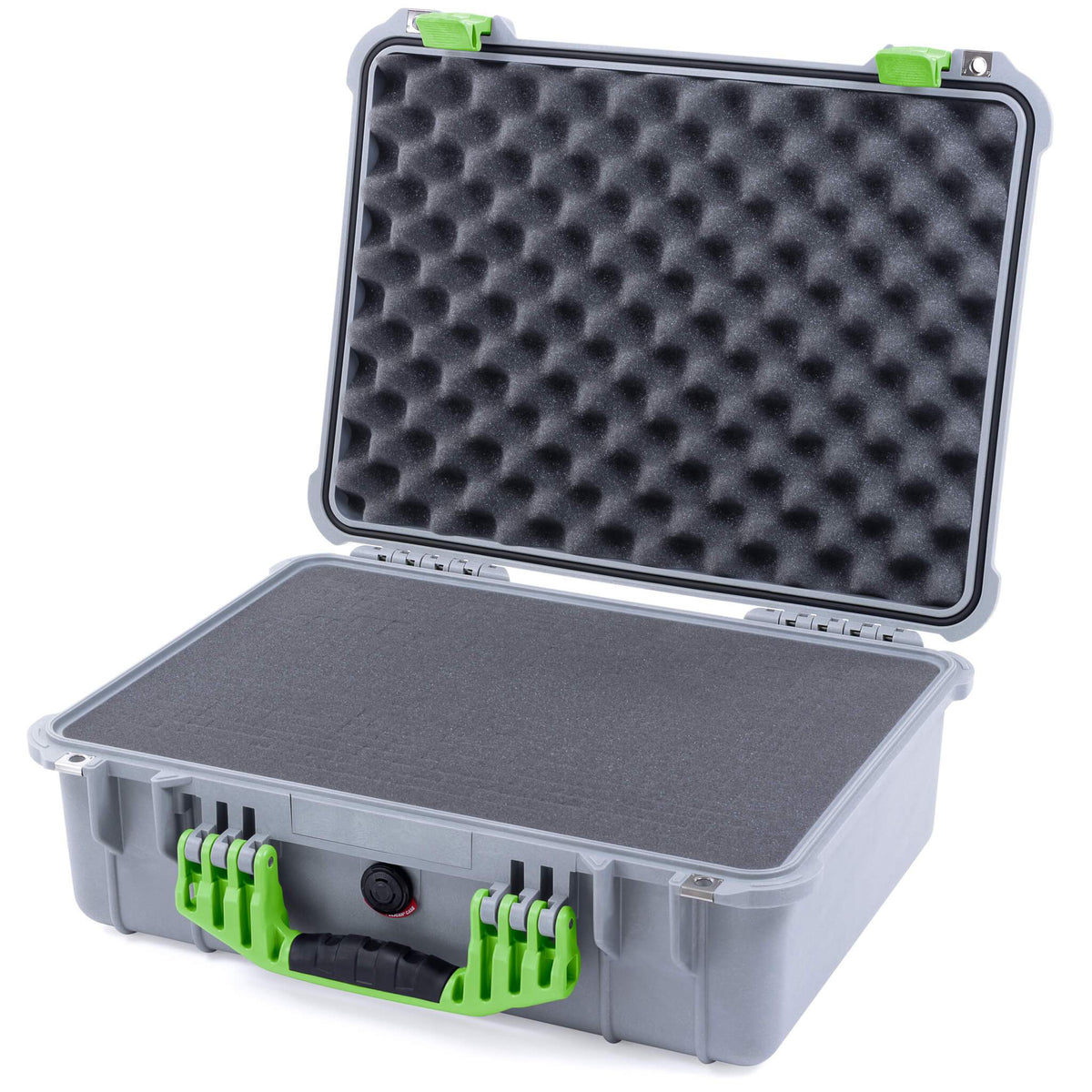 Pelican 1520 Case, Silver with Lime Green Handle &amp; Latches Pick &amp; Pluck Foam with Convolute Lid Foam ColorCase 015200-0001-180-300