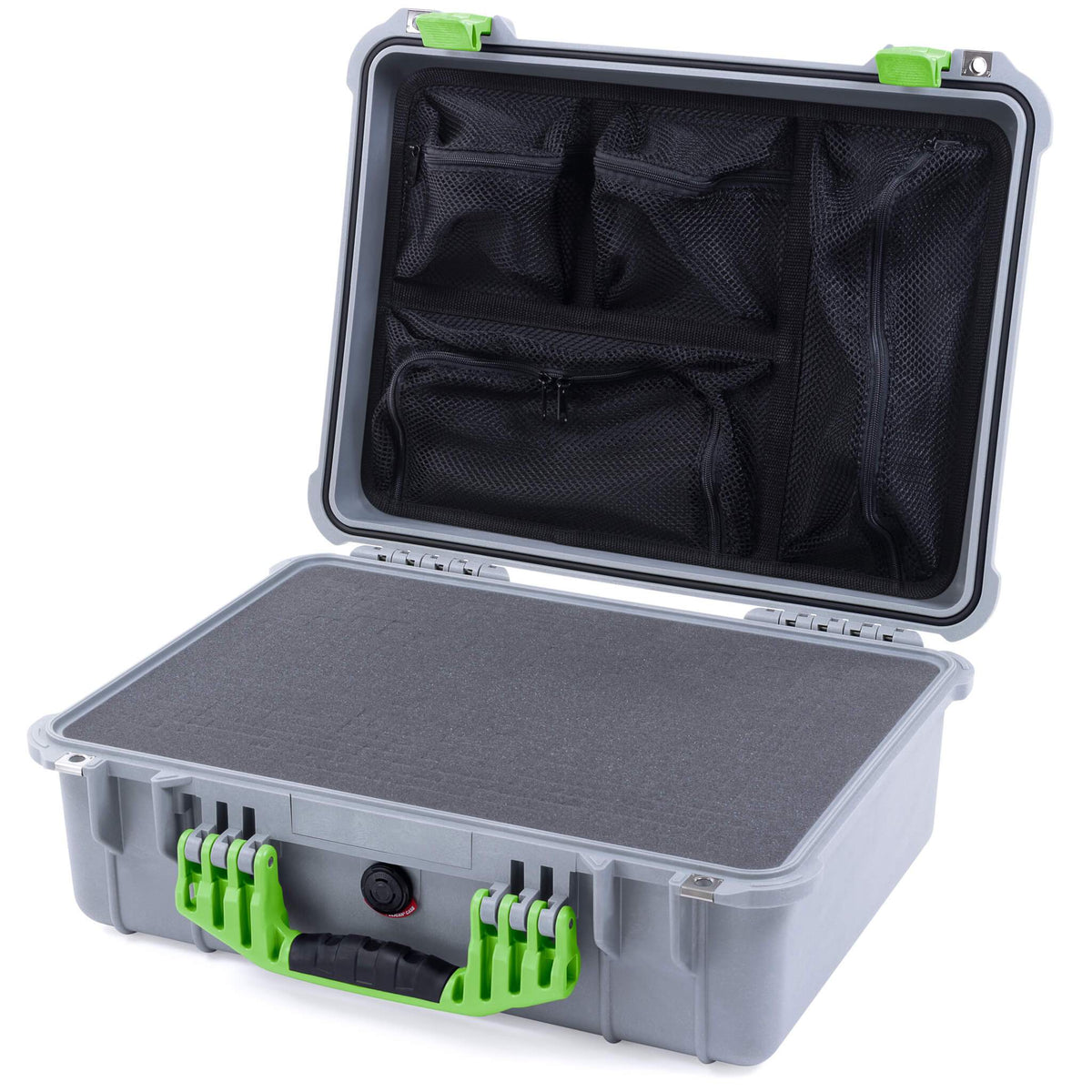 Pelican 1520 Case, Silver with Lime Green Handle &amp; Latches Pick &amp; Pluck Foam with Mesh Lid Organizer ColorCase 015200-0101-180-300
