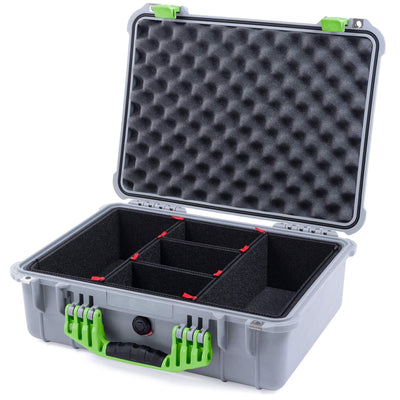 Pelican 1520 Case, Silver with Lime Green Handle & Latches TrekPak Divider System with Convolute Lid Foam ColorCase 015200-0020-180-300