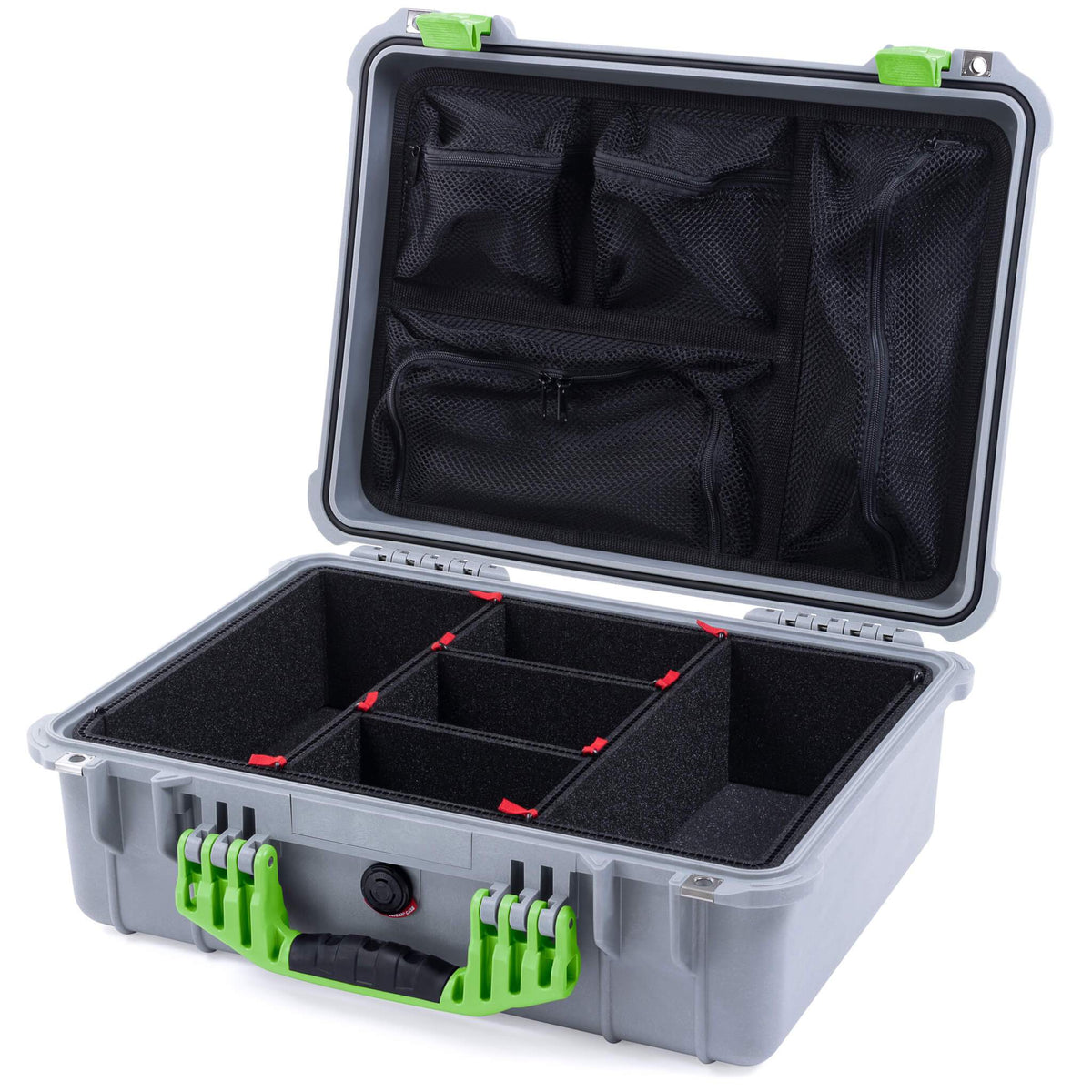 Pelican 1520 Case, Silver with Lime Green Handle &amp; Latches TrekPak Divider System with Mesh Lid Organizer ColorCase 015200-0120-180-300