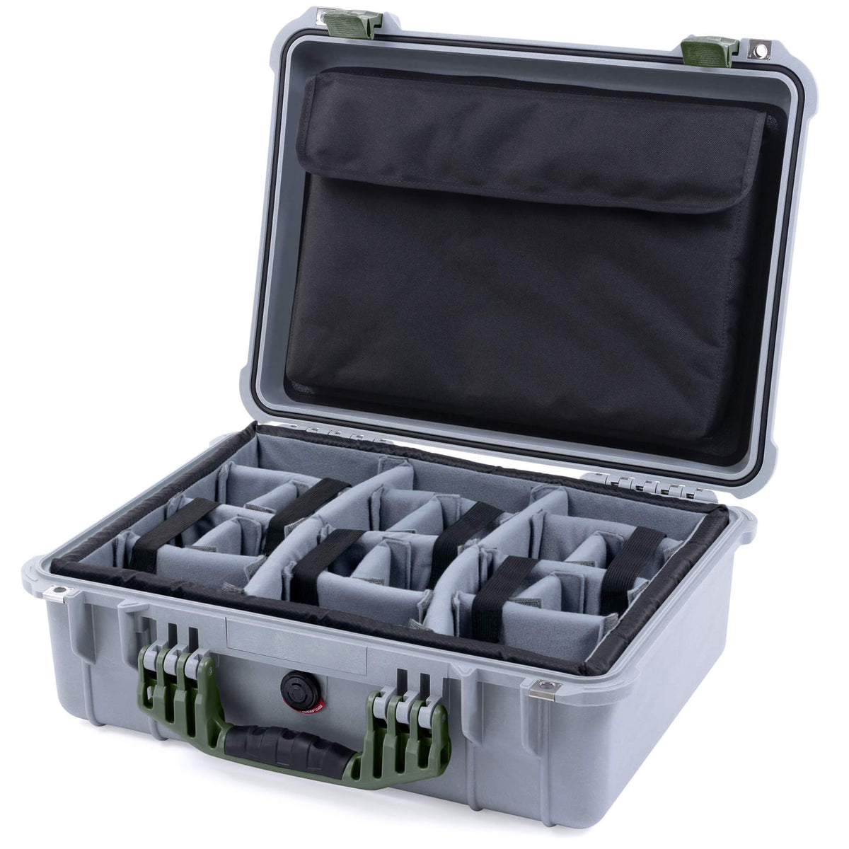 Pelican 1520 Case, Silver with OD Green Handle &amp; Latches Gray Padded Microfiber Dividers with Computer Pouch ColorCase 015200-0270-180-130