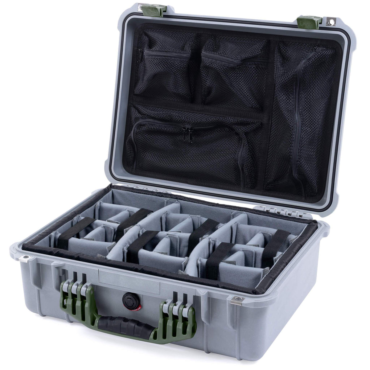 Pelican 1520 Case, Silver with OD Green Handle &amp; Latches Gray Padded Microfiber Dividers with Mesh Lid Organizer ColorCase 015200-0170-180-130