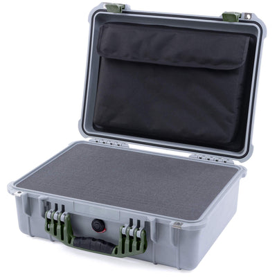 Pelican 1520 Case, Silver with OD Green Handle & Latches Pick & Pluck Foam with Computer Pouch ColorCase 015200-0201-180-130