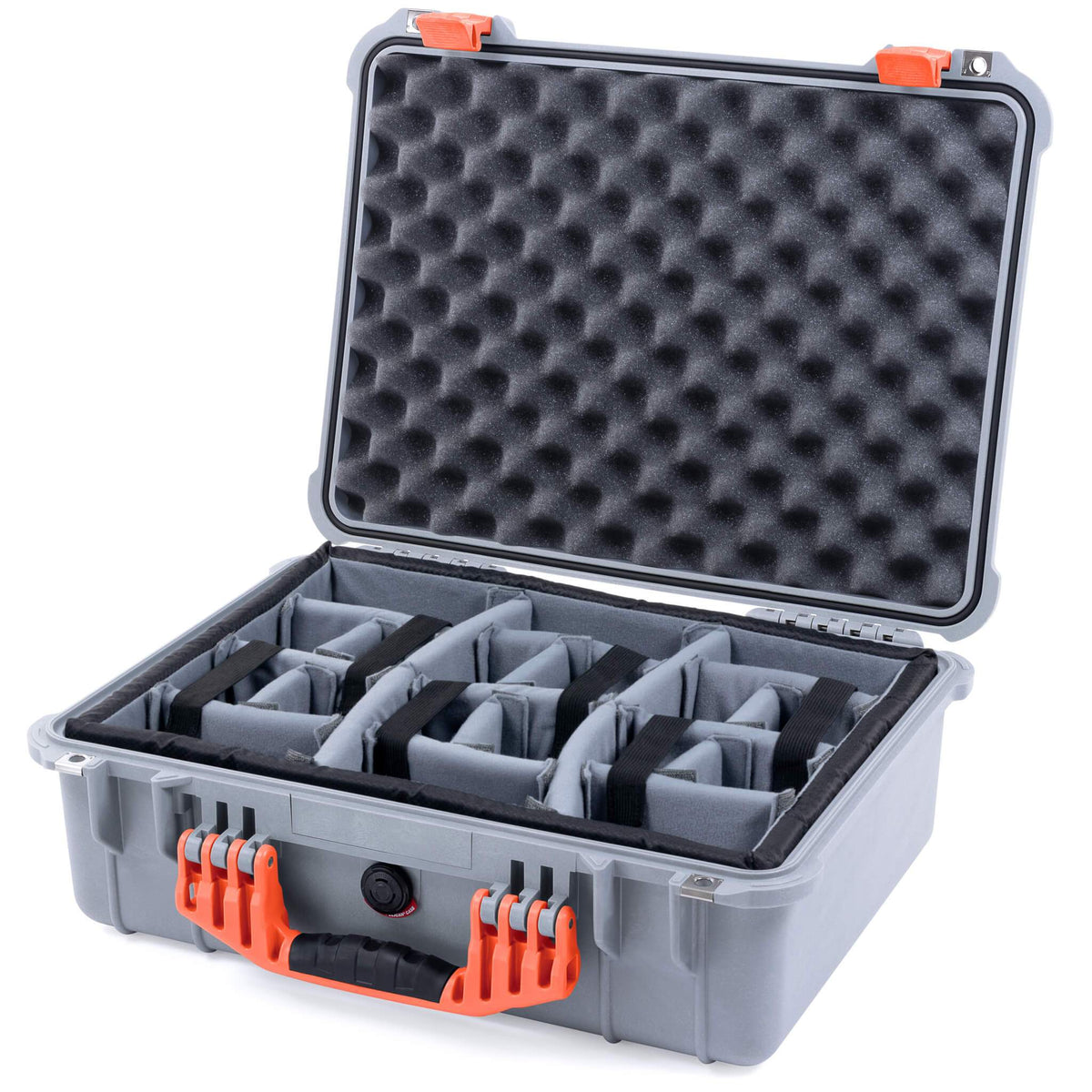 Pelican 1520 Case, Silver with Orange Handle &amp; Latches Gray Padded Microfiber Dividers with Convolute Lid Foam ColorCase 015200-0070-180-150